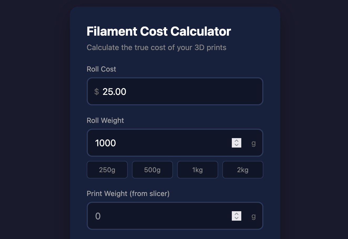 Filament Cost Calculator screenshot